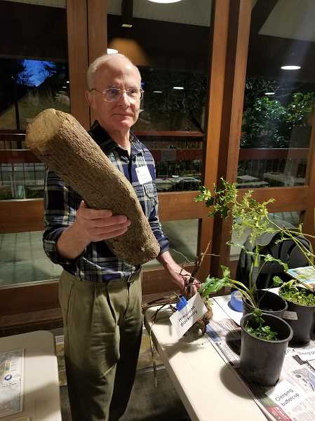 Council member Mike Buck displays invasive plants that have been removed during projects – that chunk of wood is an ivy vine! Photo: Anthony Macuk