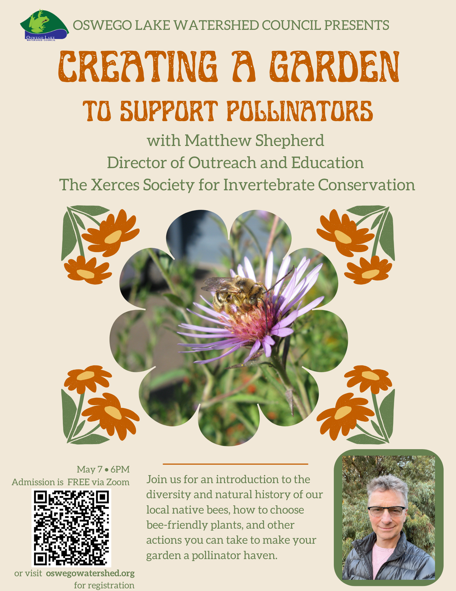 Join us for an introduction to the diversity and natural history of our local native bees, how to choose bee-friendly plants, and other actions you can take to make your garden a pollinator haven. Matthew Shepherd is the Director of Outreach and Education with The Xerces Society for Invertebrate Conservation.